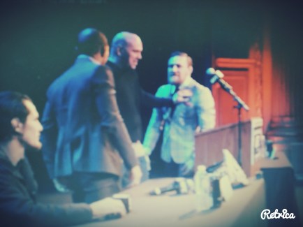 Dana White holding back Conor McGregor from Jose Aldo at the Boston UFC 189 World Championship Tour 