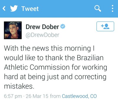 Tweet from Drew Dober Thanking the Brazilian Athletic Commision