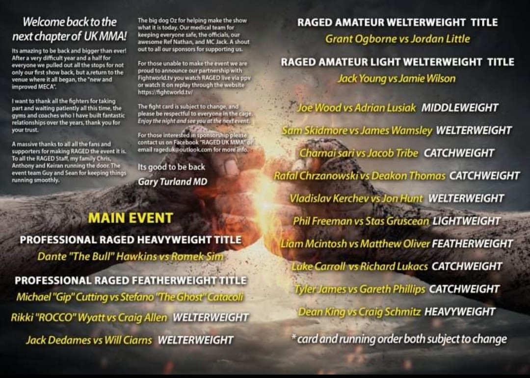 RAGED UK MMA is back on Friday 10th September&nbsp;2021